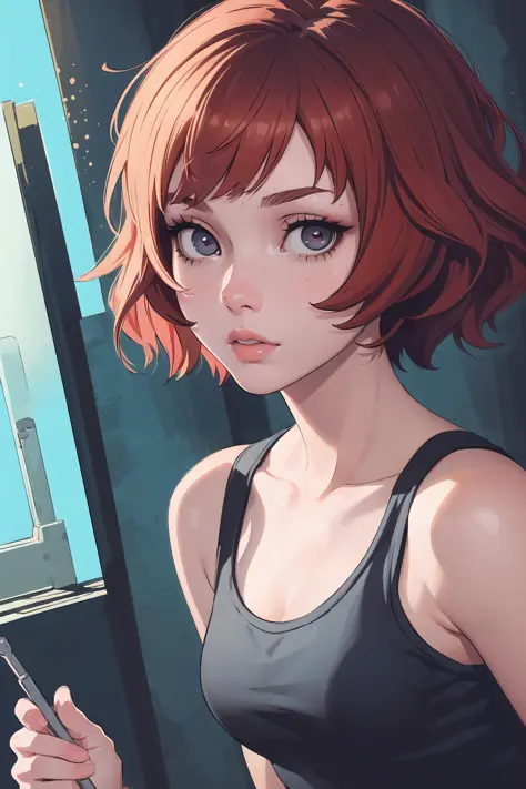 (masterpiece, top quality, best quality, official art, beautiful and aesthetic:1.2), (1girl:1.3), (princess:1.3), (tank top), (red:1.3) hair, short hair, pixie cut, (colorful eyes:1.3), extremely detailed, colorful, (highly detailed CG illustration), (looking at viewer), cinematic light, solo, half body, (character focus), outside