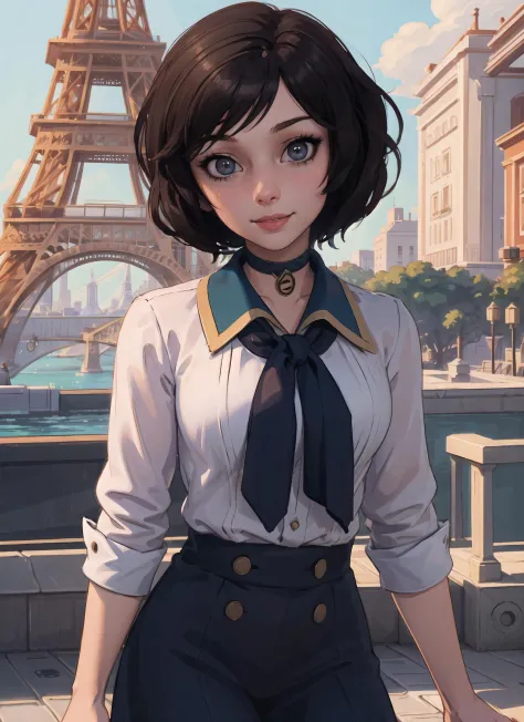 (masterpiece, top quality, best quality, official art, beautiful and aesthetic:1.2), (1girl:1.3), bioshockelizabeth, black choker, medium close up, seductive smile, looking at viewer, standing in front of Eiffel tower, extremely detailed, colorful, (highly detailed CG illustration), (looking at viewer), cinematic light, solo, half body, (character focus) 