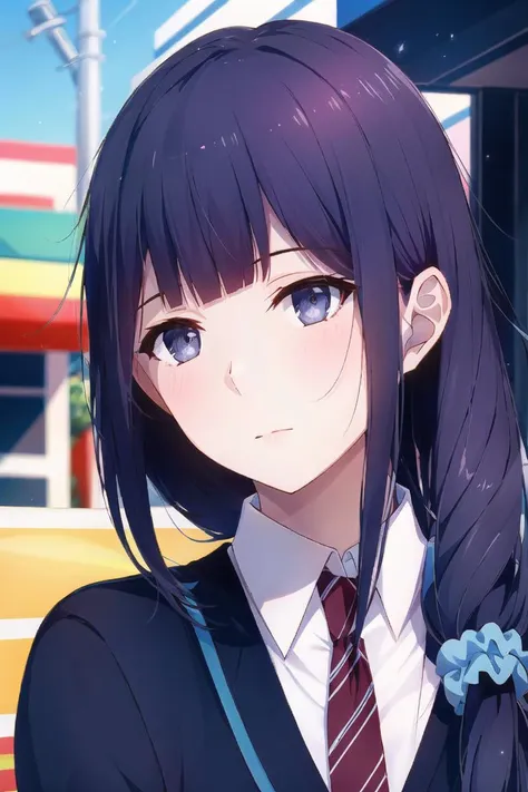 anime girl with long black hair and blue eyes in a school uniform