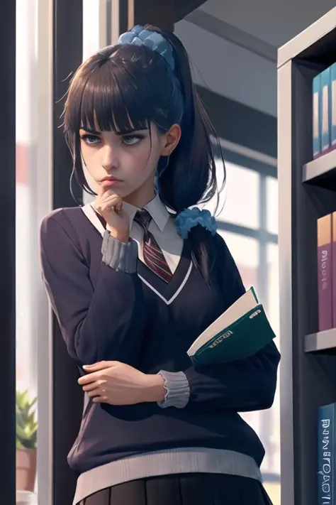 anime girl in school uniform leaning against bookcase with hand on chin