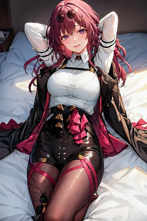 anime girl laying on a bed with her arms behind her head