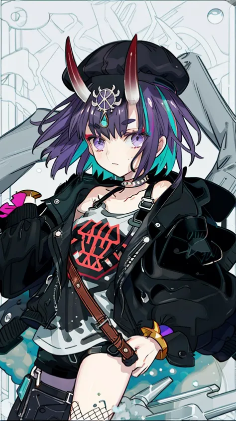 anime girl with purple hair and horns holding a sword