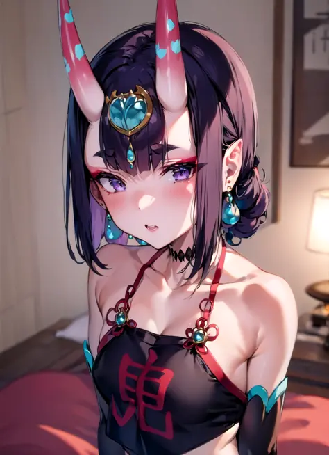 (masterpiece, best quality detailed), 1girl, solo, <lora:ShutenDoujiV11-000003:0.9>, indoors, bedroom, bed, upper body,
shuten douji, dudou, forehead jewel, detached sleeves, earrings, short twintails, fundoshi, black choker