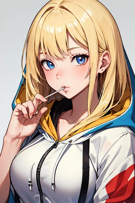 (masterpiece, best quality), 1girl, beautiful face,   LIM, lollipop, blonde hair, hooded jacket,