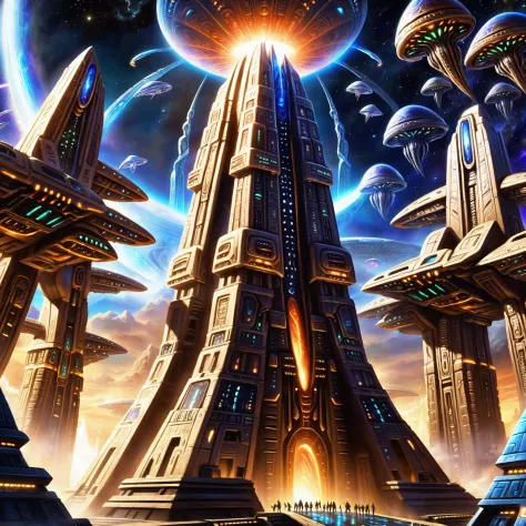 a painting of a futuristic city with a giant tower and a large star