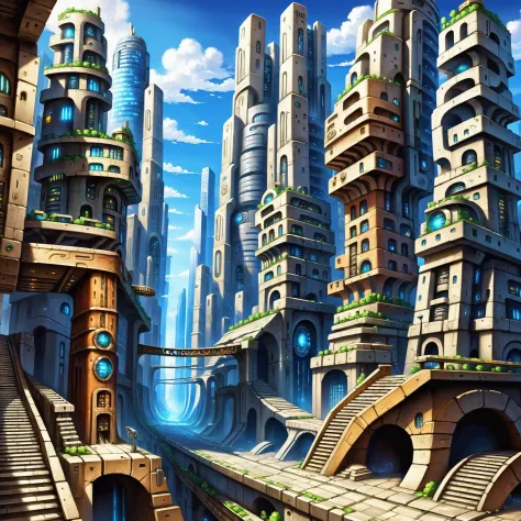 a painting of a futuristic city with a bridge and a waterfall