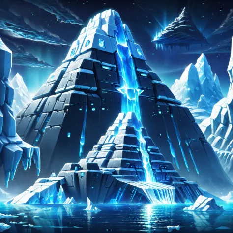 a very tall ice mountain with a waterfall in the middle