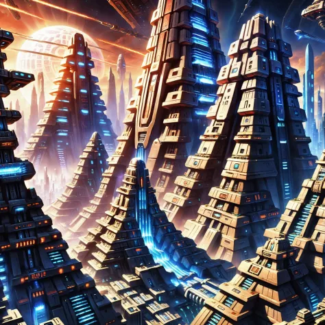 a close up of a futuristic city with a lot of tall buildings