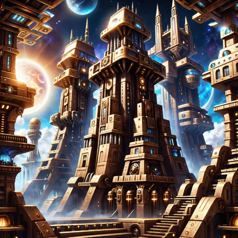 a close up of a futuristic city with a clock tower