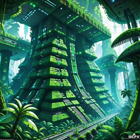 a futuristic city with a train going through it in the jungle