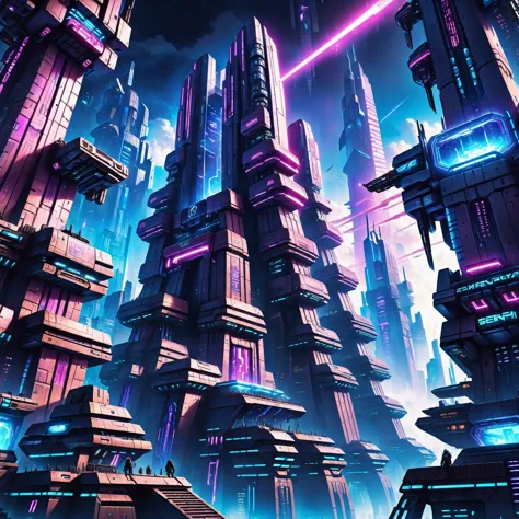 a futuristic city with a lot of tall buildings and neon lights