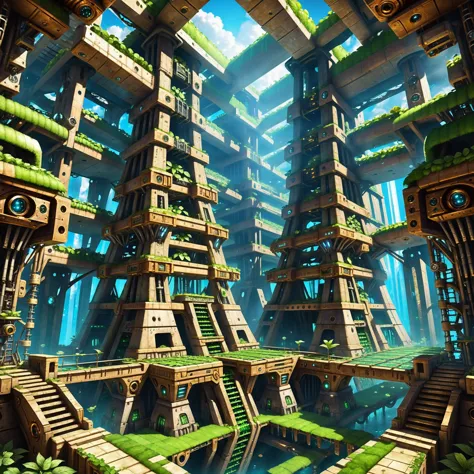 a futuristic city with a tower and stairs in the middle