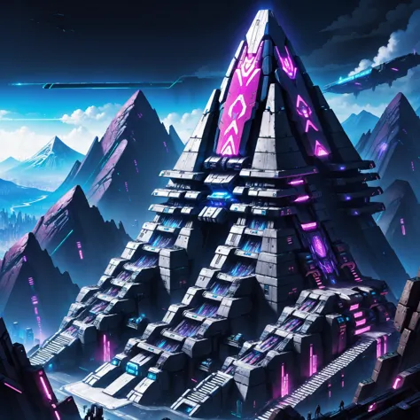 a futuristic mountain with a pyramid shaped structure in the middle