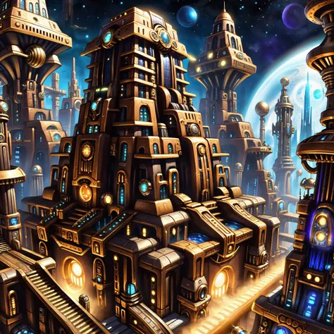 a close up of a futuristic city with a clock tower