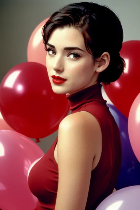 a close up of a woman with a bunch of balloons