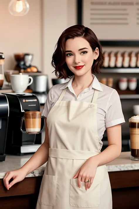 arafed woman in apron standing in front of a counter with coffee