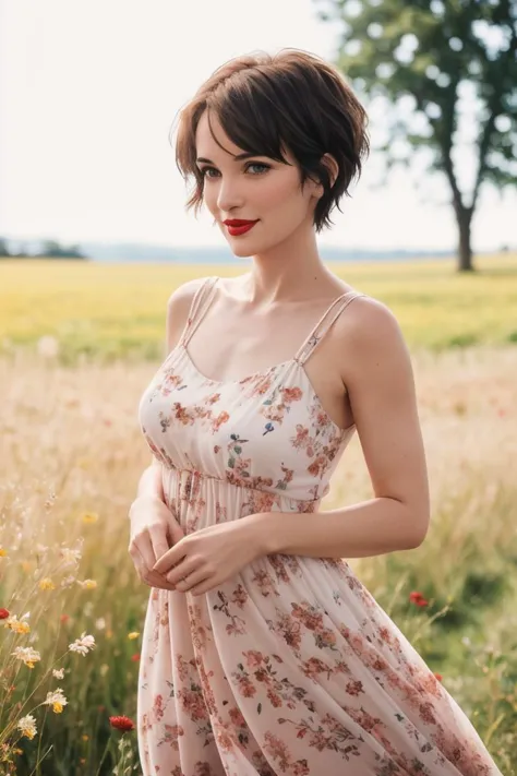 a woman in a dress standing in a field of flowers