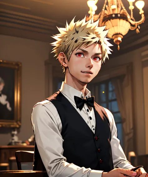 anime character with blonde hair and black vest sitting at a table