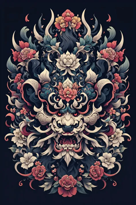 (masterpiece, top quality, best quality, official art, beautiful and aesthetic:1.2), a stunning art, abstract, flowery, centered, intricate, highly detailed, breathtaking beauty, precise line art, vibrant, comprehensive, cinematic, deep shadows, a black and white panda (no humans:2) <lora:Dhevv-HannyaMaskConcept:1.0>