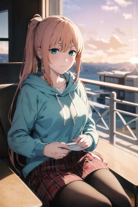 anime girl sitting on a bench looking out a window