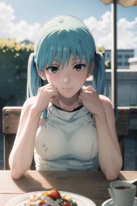 anime girl with blue hair sitting at a table with a plate of food