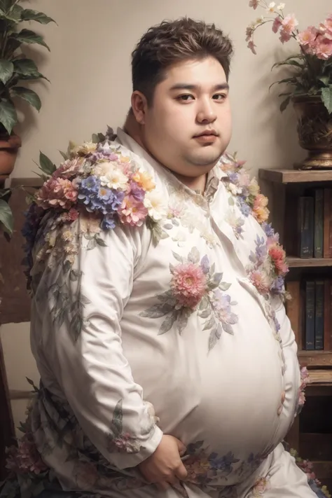 araffe man in a white shirt and floral jacket sitting on a chair