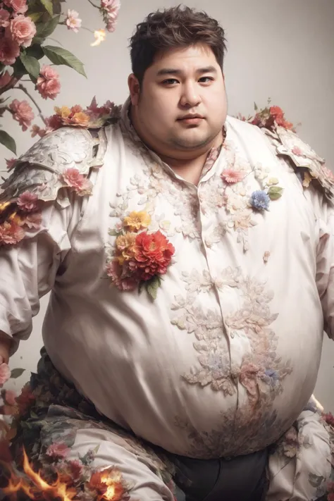 arafed man in a floral shirt sitting in front of a flowered wall