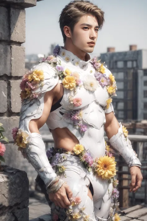 a close up of a person in a costume with flowers on it