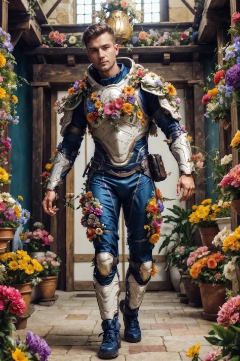 flower4rmor, photo of a Polish man wearing flower exosuit, fantasy medieval city background, dynamic movement, indoors, realisti...