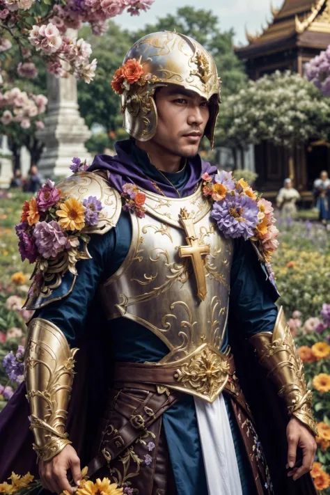 flower4rmor, photo of a thai man wearing flower paladin armor, fantasy medieval city background, holding flower shield, helmet, ...