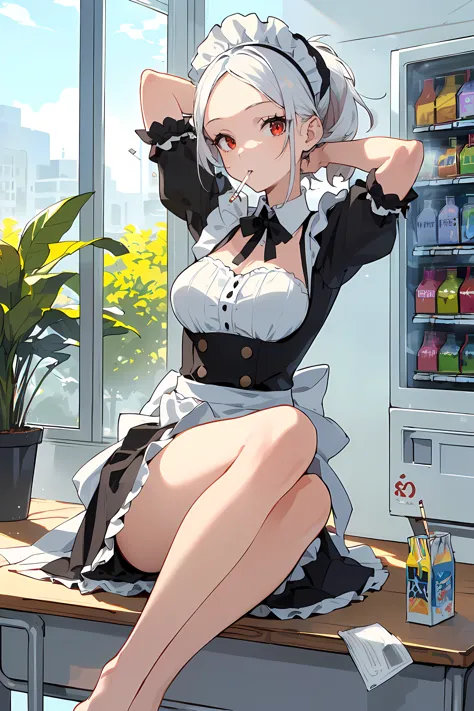 anime girl sitting on a table with a soda machine in the background