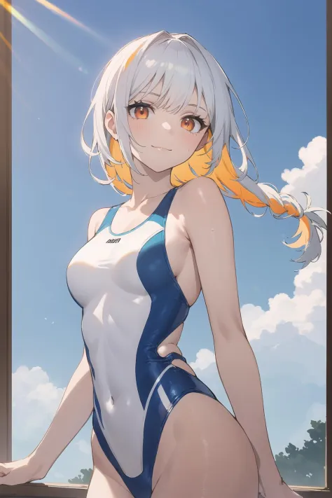 1girl, standing,cowboy shot, ((white one piece swimsuits)),bow,,light blush, long hair, braid,silver hair,red eyes,light smile,((blue sky:1.4)),(cloudy sky), an extremely delicate and beautiful girl, 8k wallpaper,masterpiece,best quality,daylight,sunlight,...