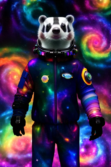 (Darkly iridescent:1.05), Galaxies, spirals, nebulae, stars, smoke, intensely iridescent, shape of a badger in a (spacesuit), co...