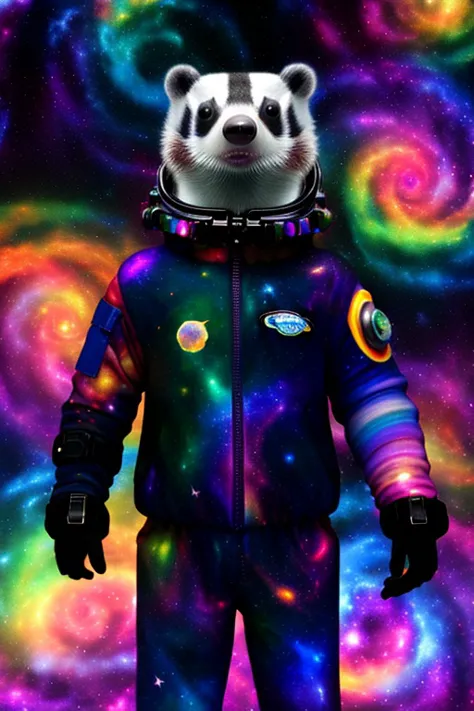 a close up of a panda in a space suit with a galaxy background