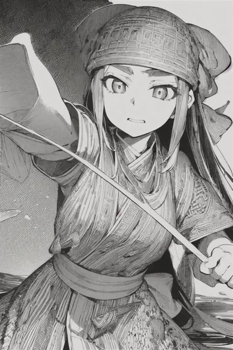 <lora:otoyomegatari:1>,((best quality)), ((masterpiece)), (detailed), otoyomegatari, greyscale, monochrome, halftone, drawing, manga, asian, eye focus, 1girl, flowing hair, shooting bow, bow and arrow, mountains,