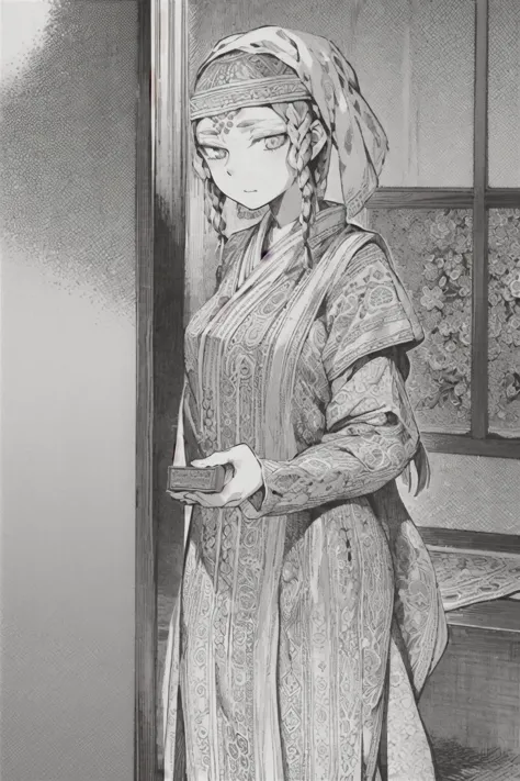 <lora:otoyomegatari:1>,((best quality)), ((masterpiece)), (detailed), otoyomegatari, greyscale, monochrome, halftone, drawing, manga, asian, eye focus, 1girl, braids, long dress, intricate patterns,