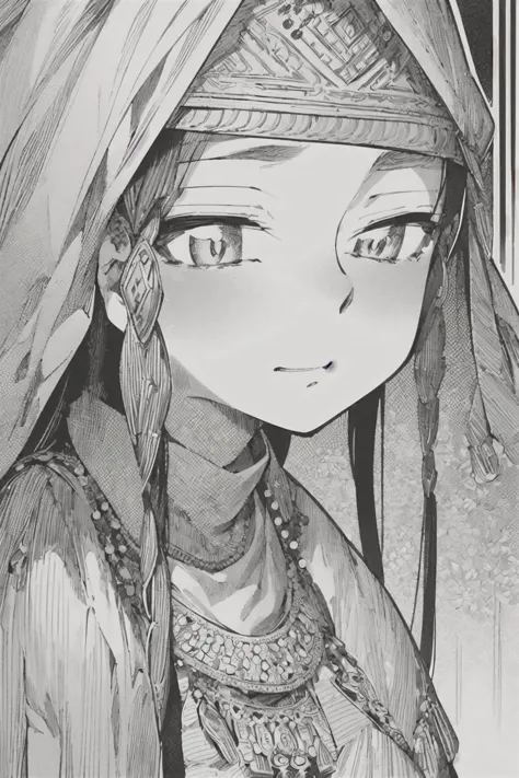 <lora:otoyomegatari:1>,((best quality)), ((masterpiece)), (detailed), otoyomegatari, greyscale, monochrome, halftone, drawing, manga, asian, eye focus, 1girl, long hair, hair ornaments, covered head, long dress, intricate patterns, oriental,