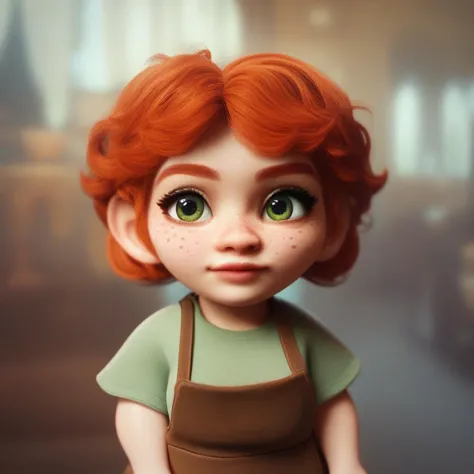 (((beautiful, high quality))), portrait, score_9, score_8_up, score_7_up, Gnome, short stature, big round ears, 1girl, red hair, freckles, green eyes, light green T-shirt, brown apron, fantasy background, blurred background