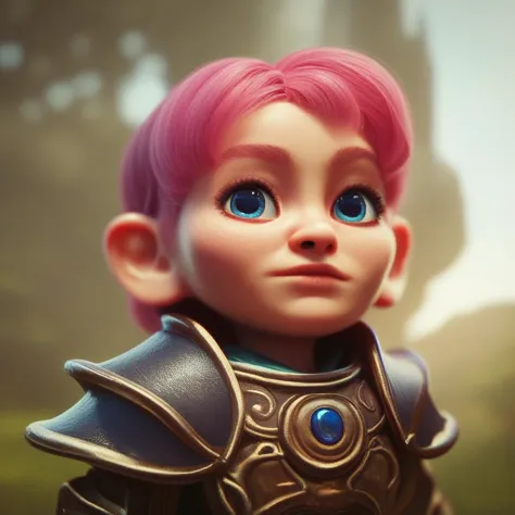 a close up of a doll with pink hair and a blue eye