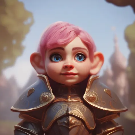 (((beautiful, high quality))), portrait, score_9, score_8_up, score_7_up, Gnome, short stature, big round ears, 1girl, pink hair, blue eyes, armor, fantasy background, blurred background