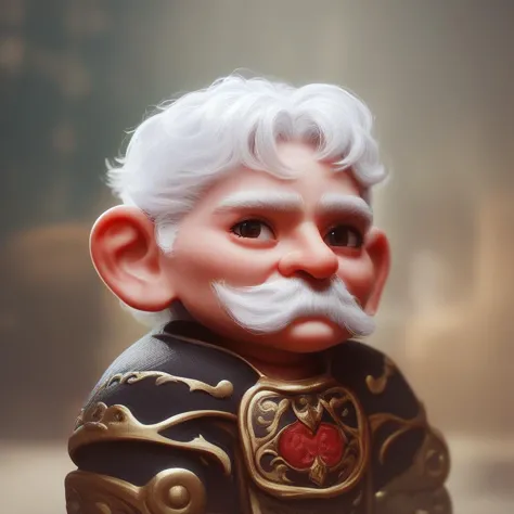 (((beautiful, high quality))), portrait, score_9, score_8_up, score_7_up, Gnome, short stature, big round ears, 1boy, white hair, white mustache, red, fantasy clothes, black cheat clothes, fantasy background, blurred background