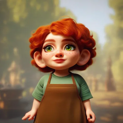 (((beautiful, high quality))), portrait, score_9, score_8_up, score_7_up, Gnome, short stature, big round ears, 1girl, red hair, freckles, green eyes, light green T-shirt, brown apron, fantasy background, blurred background