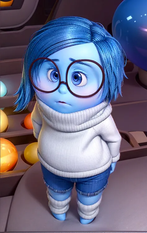 masterpiece, best quality, (Sadness_InsideOut , white turtleneck, black-framed eyewear,  glasses, sadness ),   colored glowing spheres, pixar, cartoon, 3d render, sfw, <lora:Sadness_InsideOutv1:0.9>