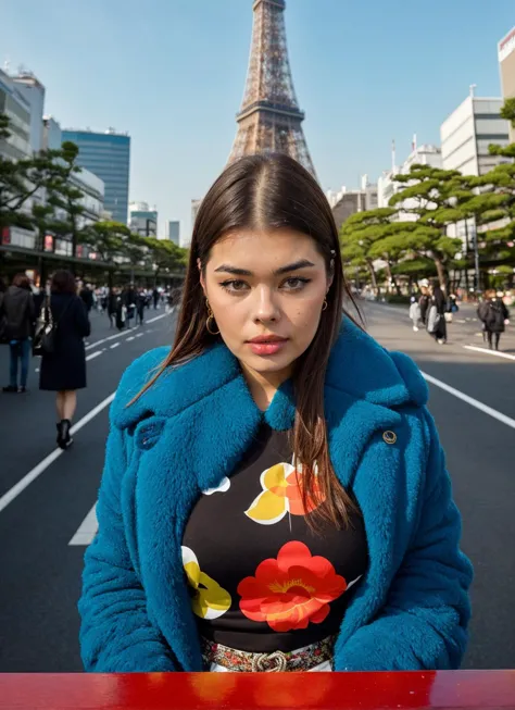 arafed woman in a blue coat standing in front of the eiffel tower