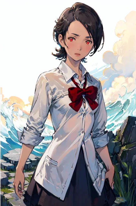 anime girl with a bow tie standing in front of a mountain