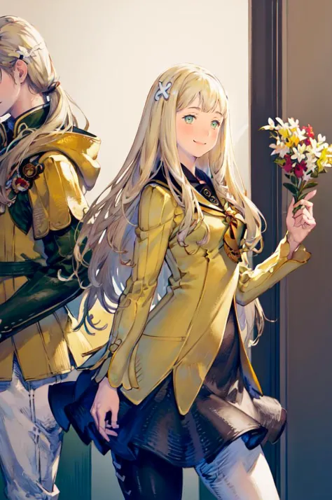 smile, holding food, lots of food, <lora:zs_Rei:1> reipq, green eyes, blonde hair, very long hair, hair ornament, yellow uniform, grey skirt, white pantyhose, cowboy shot,  <lora:Yoshida_Akihiko_style_v01:1>, absurdres, ultra detailed, masterpiece, best quality, aesthetic, detailed,