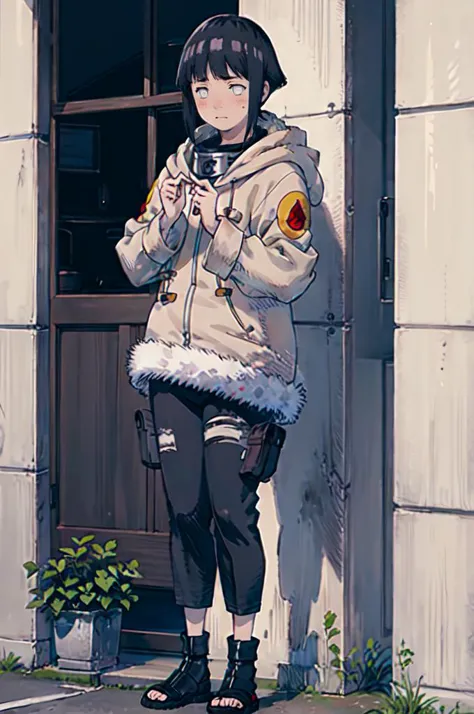 standing, shy, blush,  <lora:HinataHyuga:0.8> hyuuga hinata, 1girl, black hair, short hair, white eyes, no pupils, jacket, coat, forehead protector, fur trim, konohagakure symbol, long sleeves, pant, sandals,   <lora:Yoshida_Akihiko_style_v01:1>, absurdres, ultra detailed, masterpiece, best quality, aesthetic, detailed,