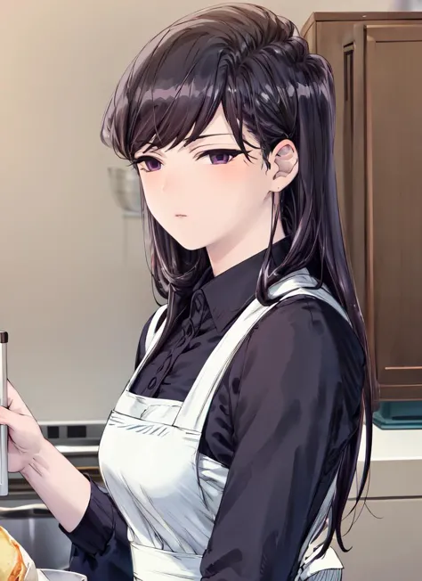 anime girl in apron holding a pan with food in it