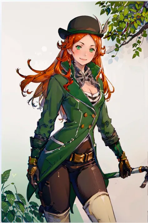 smile, coin on string,  <lora:Leprecon_Artist:0.8> 1girl, green eyes, orange hair, long hair, medium breasts, hat, gloves, cleavage, jewelry, green jacket,  <lora:Yoshida_Akihiko_style_v01:1>, absurdres, ultra detailed, masterpiece, best quality, aesthetic, detailed,