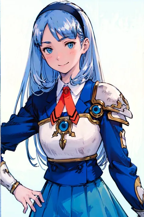 1fille, Umi Ryûzaki, bandeau pour cheveux, armure d&#39;épaule, jupe bleu, sourire,  absurdes, ultra détaillé, chef-d&#39;œuvre, Meilleure qualité, Esthétique, détaillé,